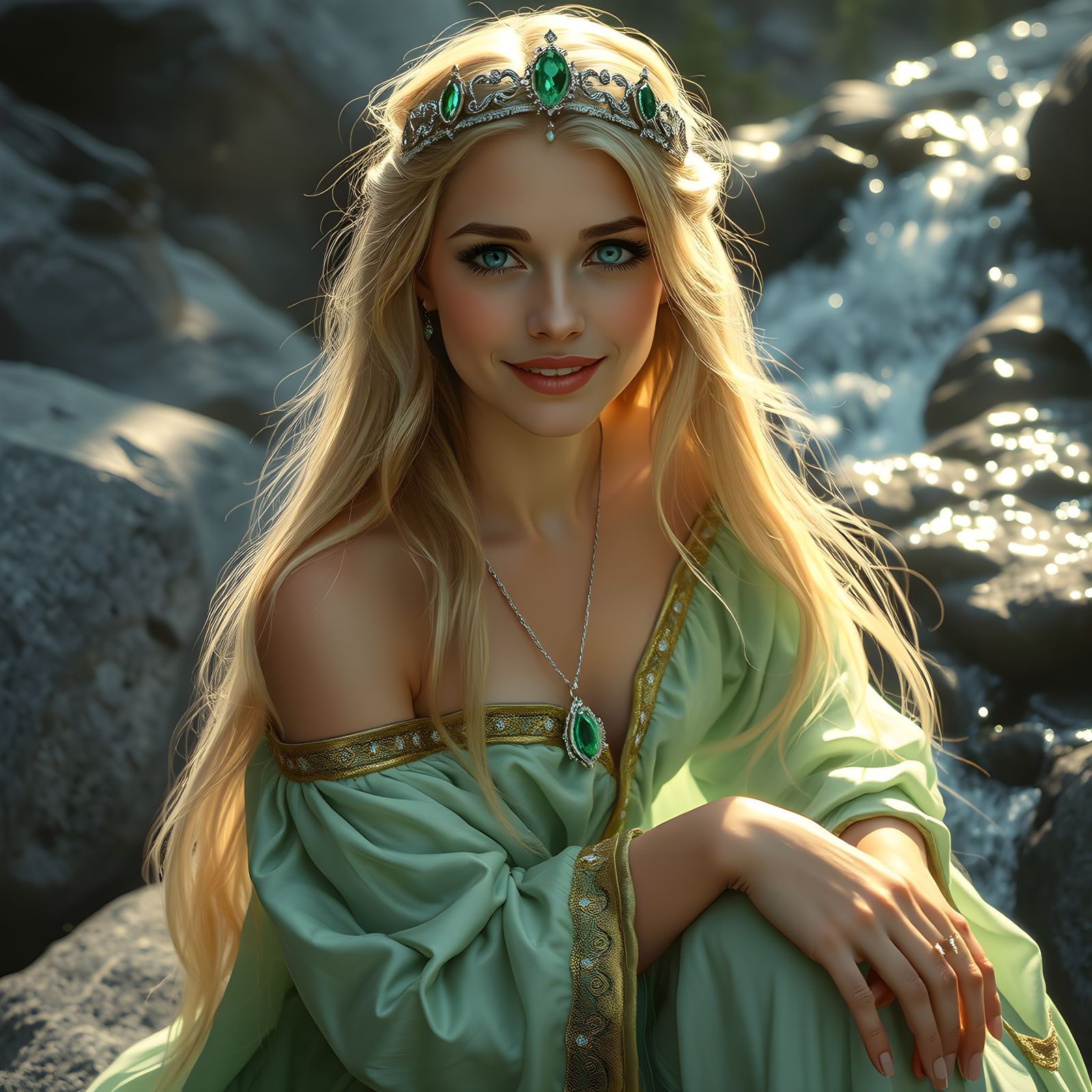 Norse Goddess by Mountain Stream, Oil Painting