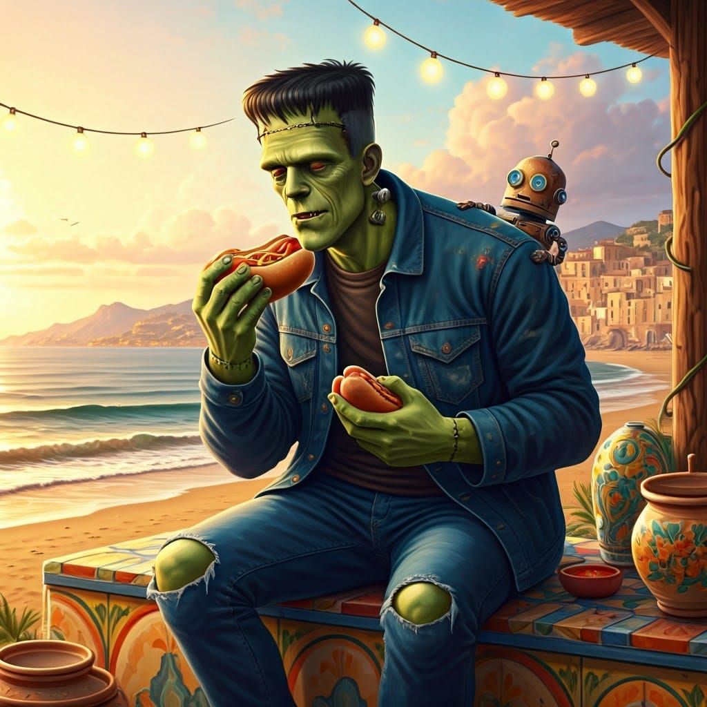 Frankenstein's Hotdog: Sicilian Beach Scene in Syd Mead Styl...