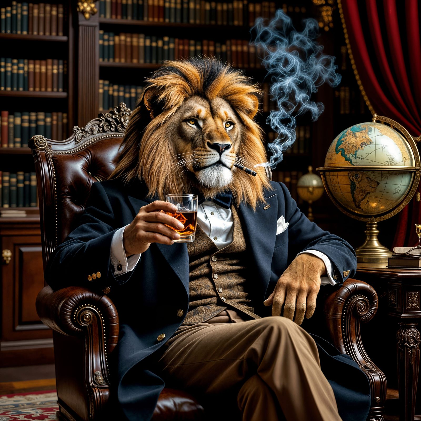 Anthropomorphic Lion Contemplates Universe in Steampunk Libr...