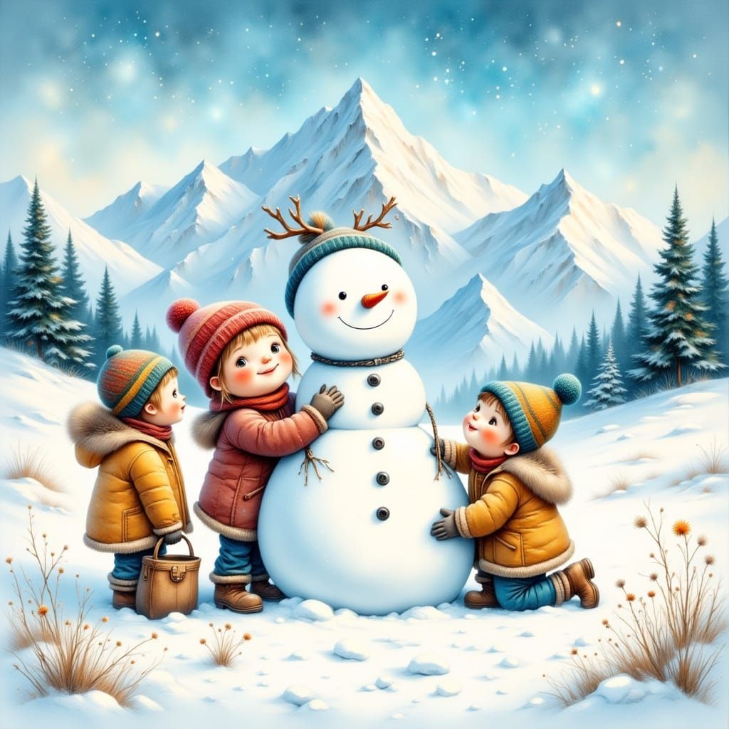 Children Building Snowman in Mountain Landscape Illustration