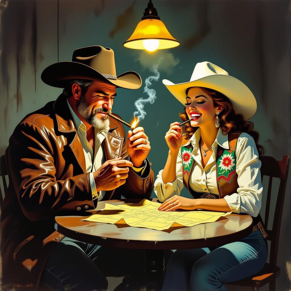 Overweight Cowboy Lights Cowgirl's Cigar: Pulp Art