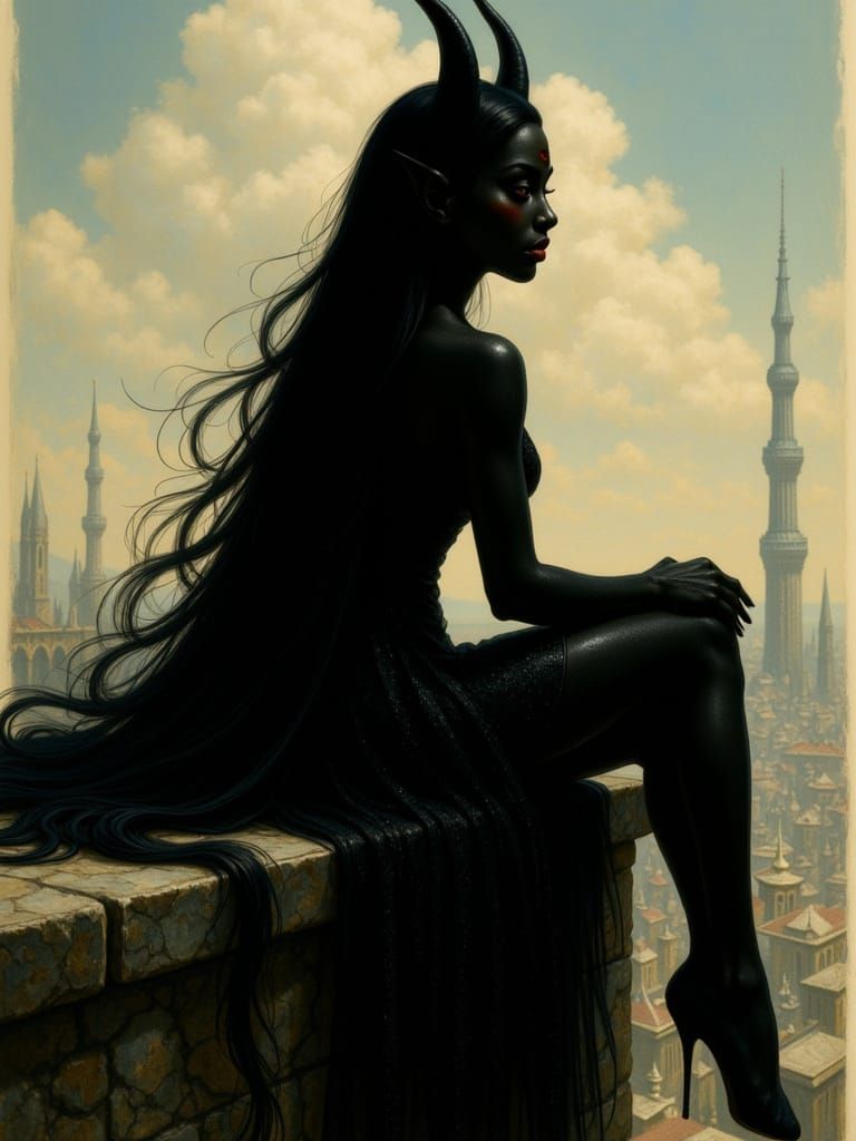 pretty demon sitting on the parapet