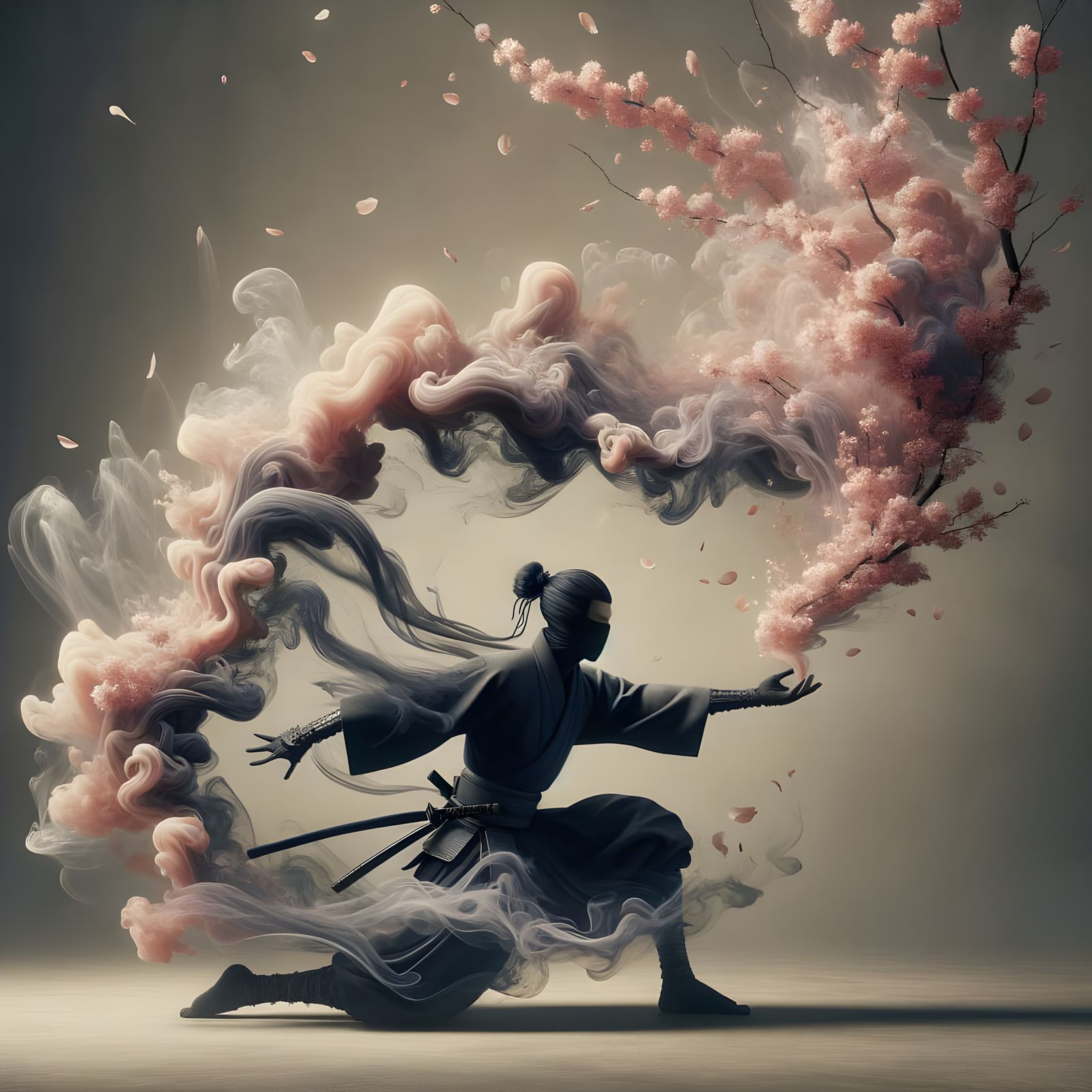 Ninja Samurai Dissolving into Cherry Blossoms