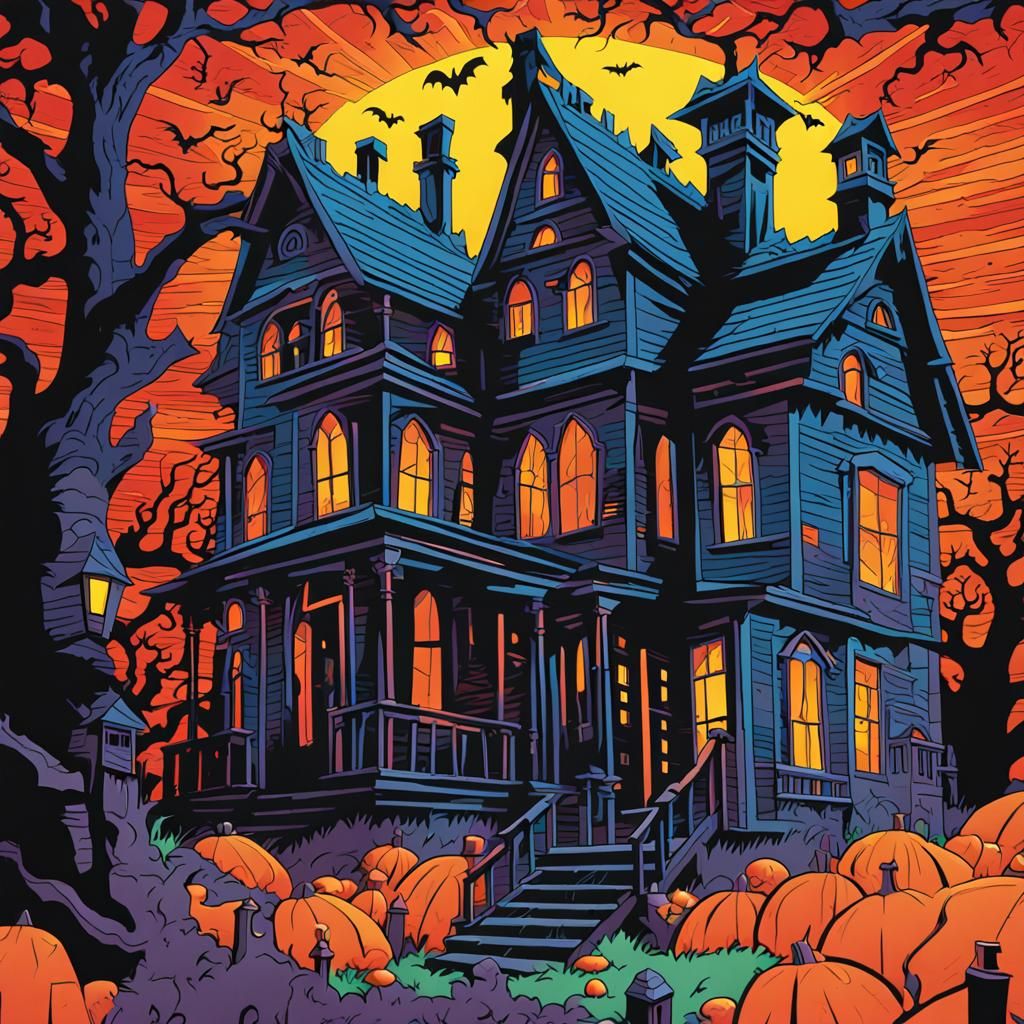 Colorful Haunted House Cardboard Cut-Out Kit in Comic Art