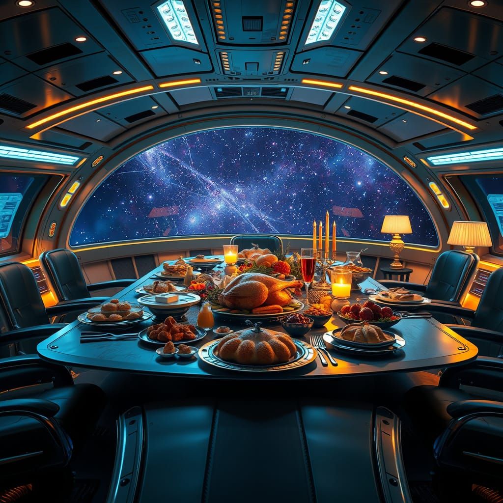 Galactic Thanksgiving Feast in Futuristic Spacecraft