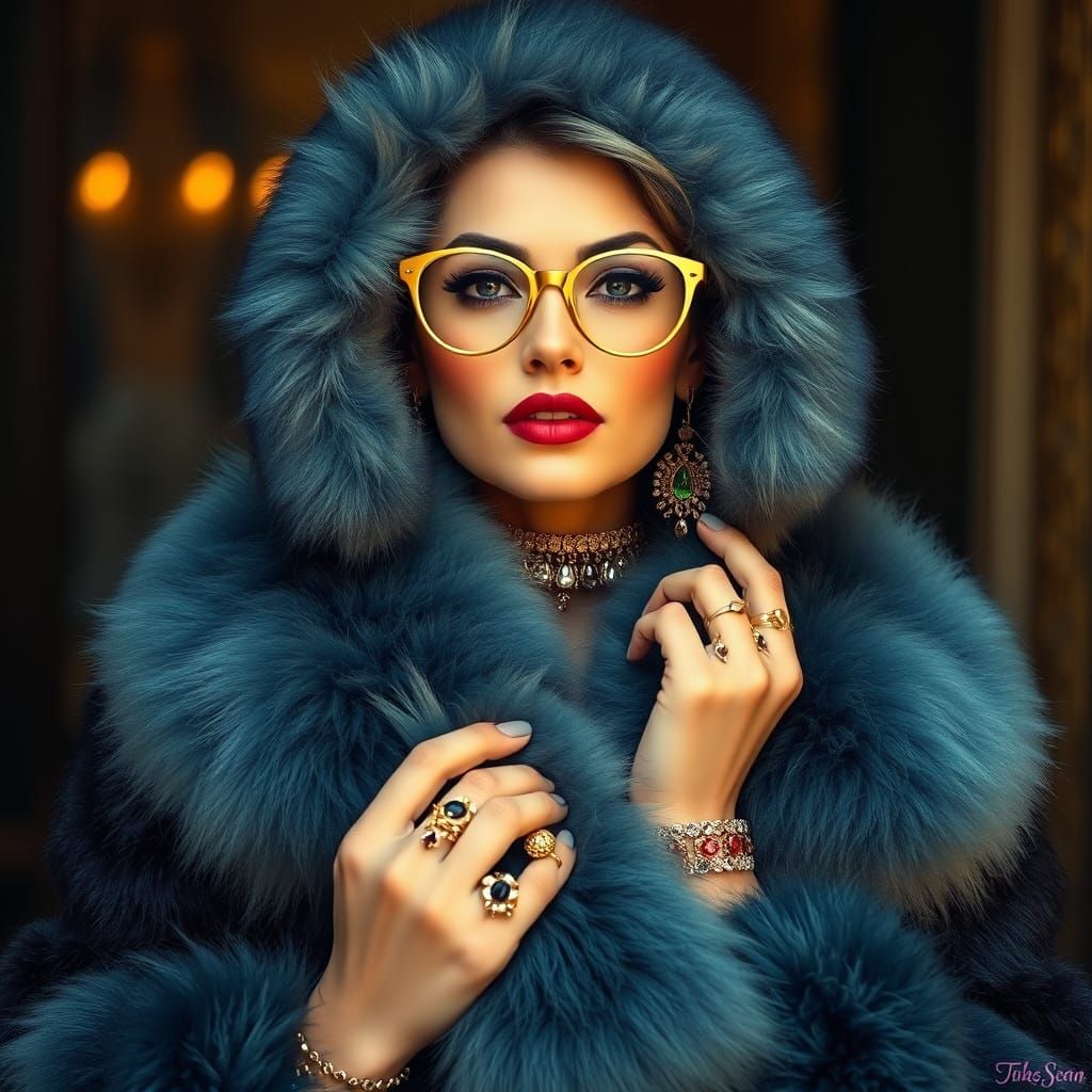 Elegant Woman in Fur Coat, Art Nouveau Style