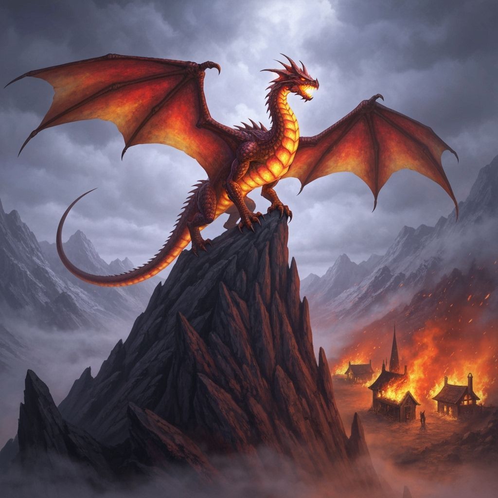 Fearsome Dragon Overlooking Burning Village