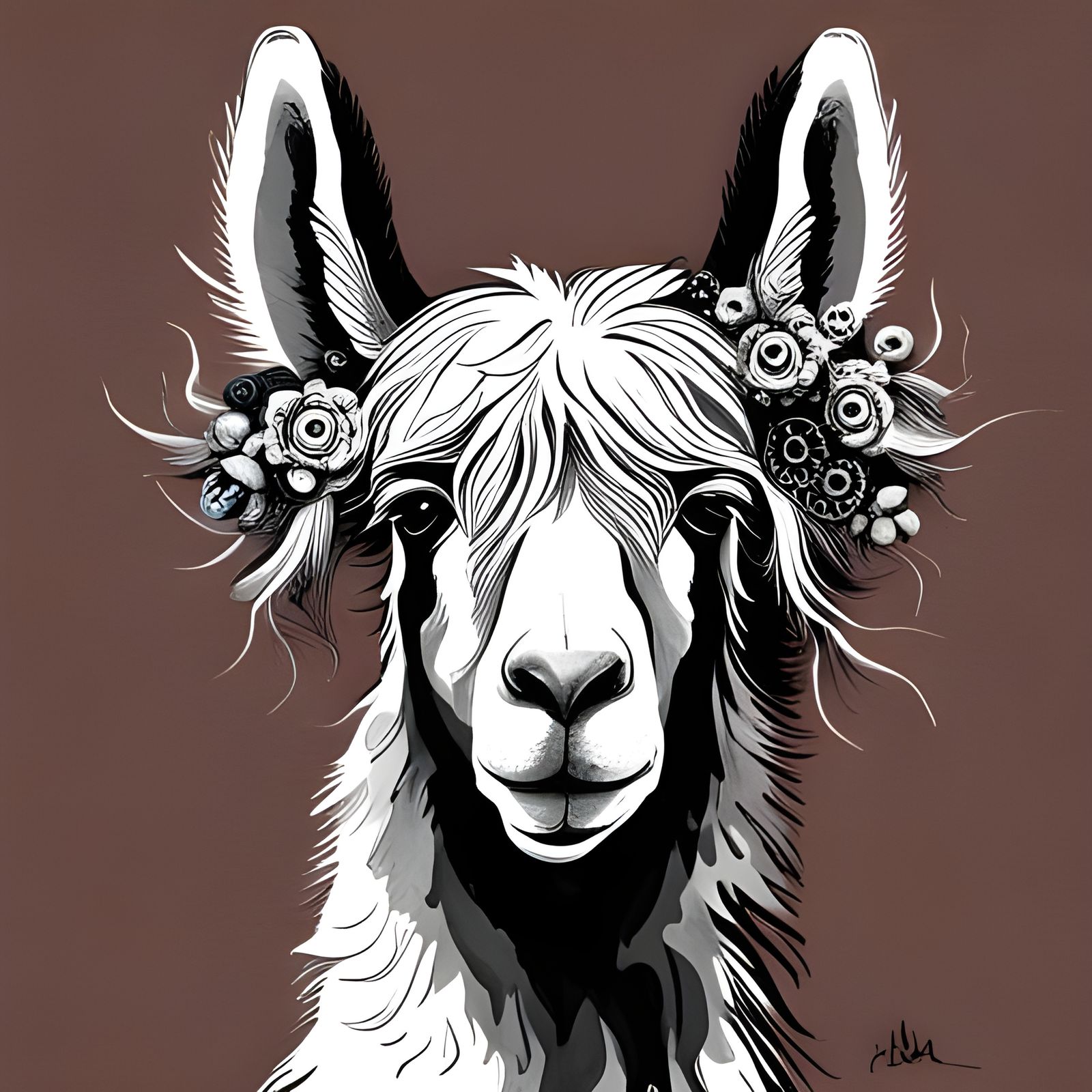 Llama Ink Art in Black and White
