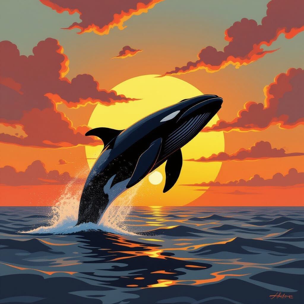 Art Deco poster. A majestic whale breaching the ocean surfac...