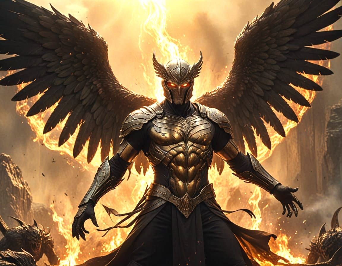 Archangel Fighting Demons in a Hellish Landscape