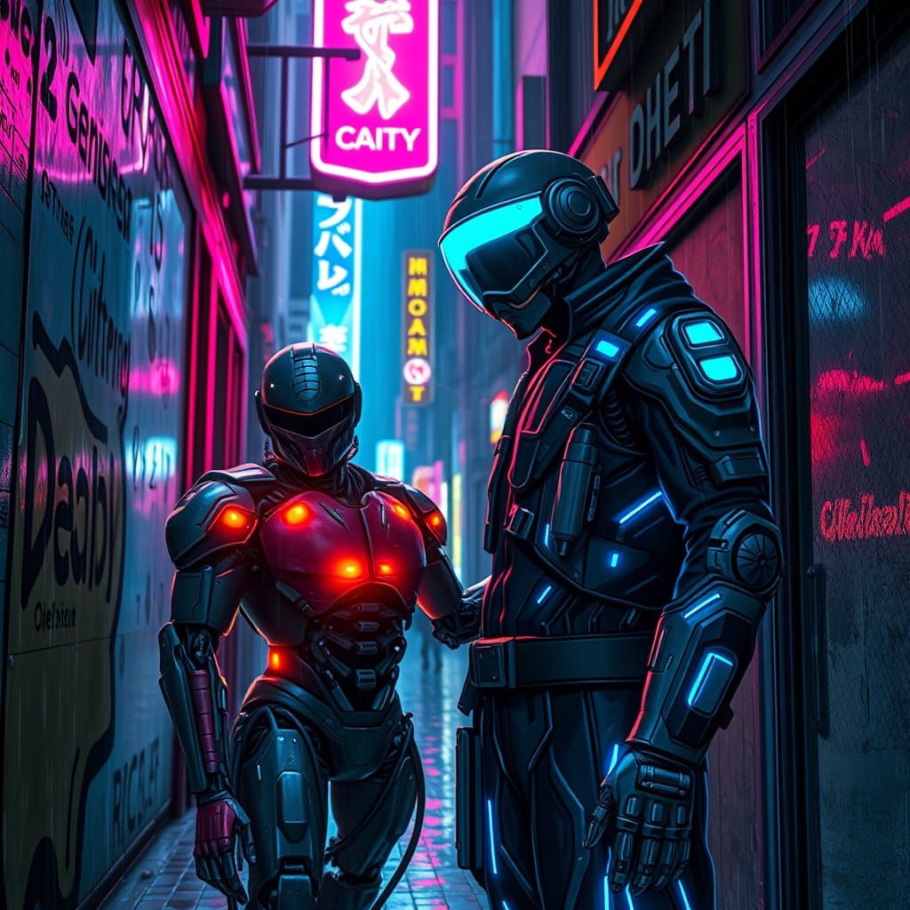 Cyberpunk Medic Tending to Android in Neon Alleyway