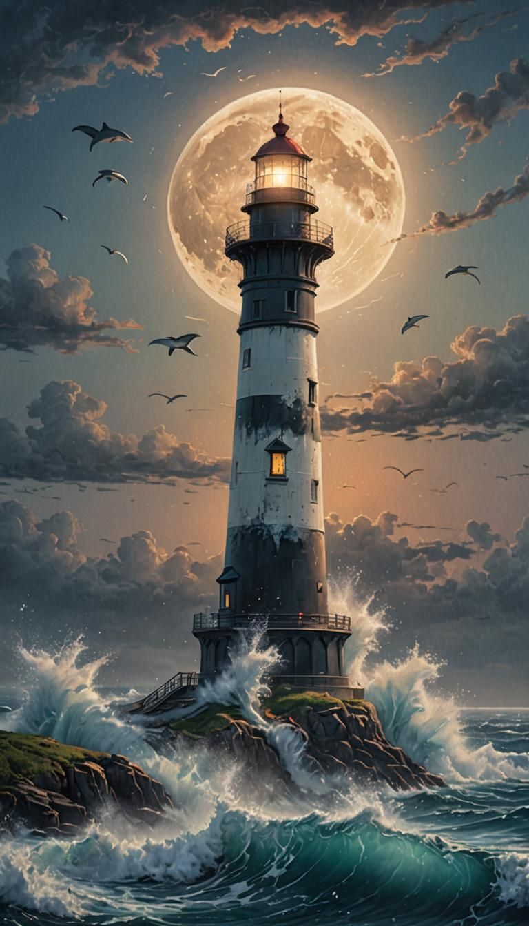 Hyperrealistic Dolphins Jumping at Moonrise Near Lighthouse