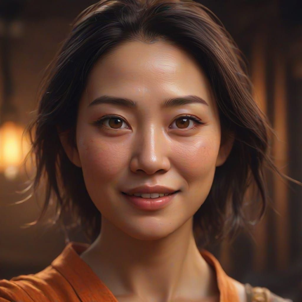 Fantasy Portrait of a 40 Year Old Asian Woman in a Warm, Gol...