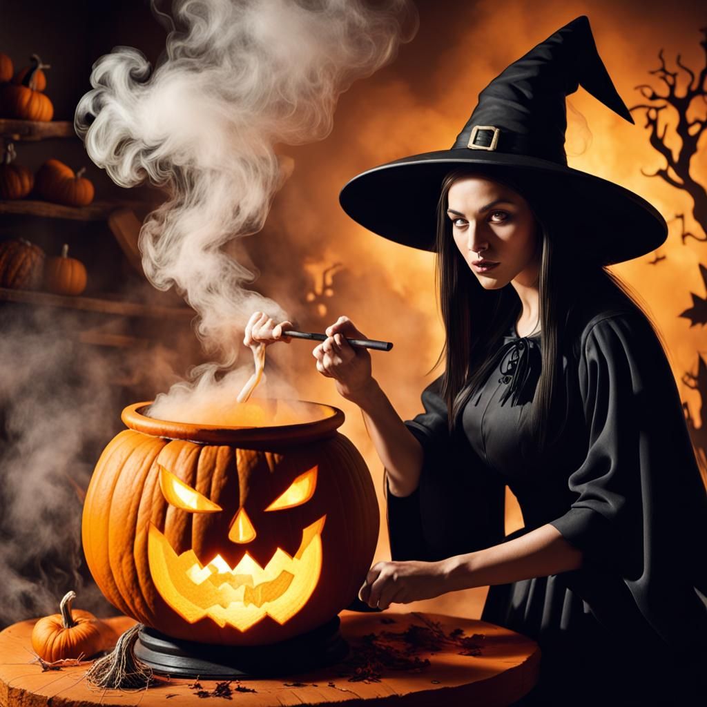 Witch Carving Pumpkin Stirring Brew in Cauldron