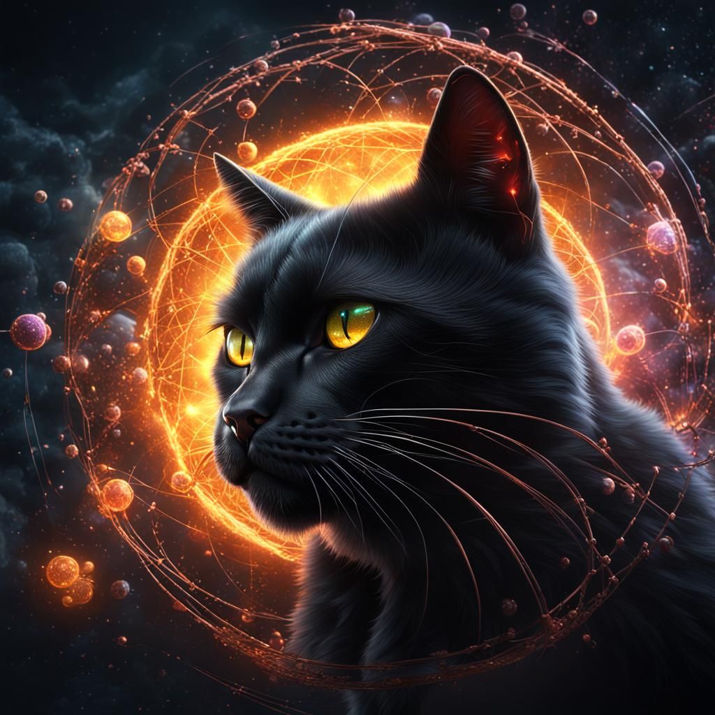Black Cat Plays with Atomic Particle in Detailed Digital Art