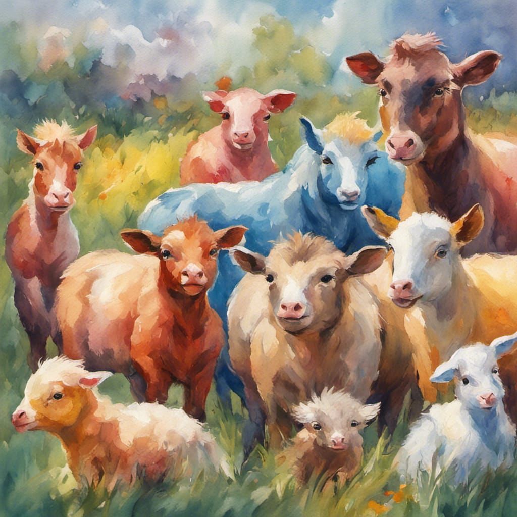 Colourful Baby Farm Animals as Gouache Painting