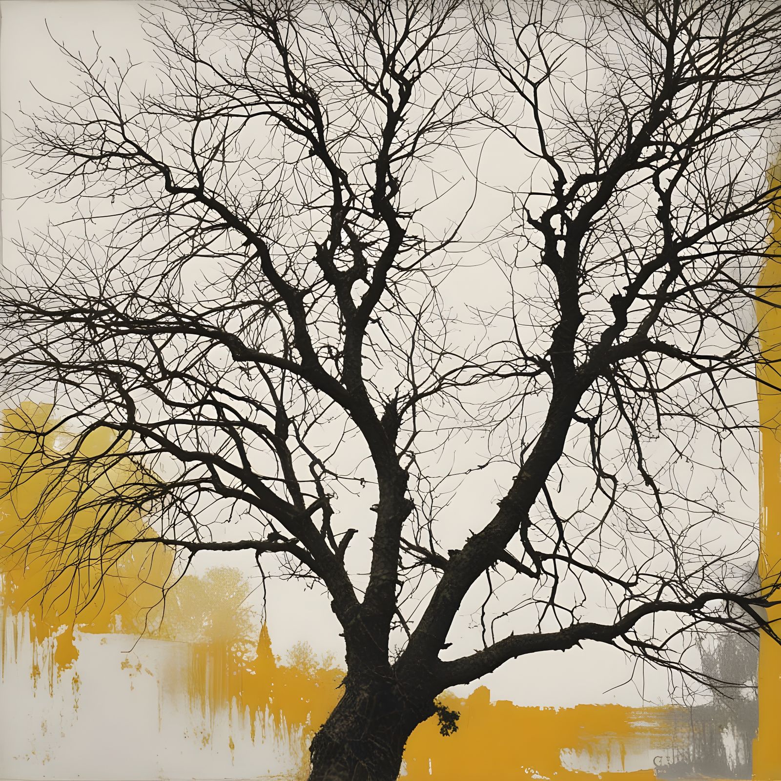 Abstract Expressionist Tree in a Bright Yellow Background