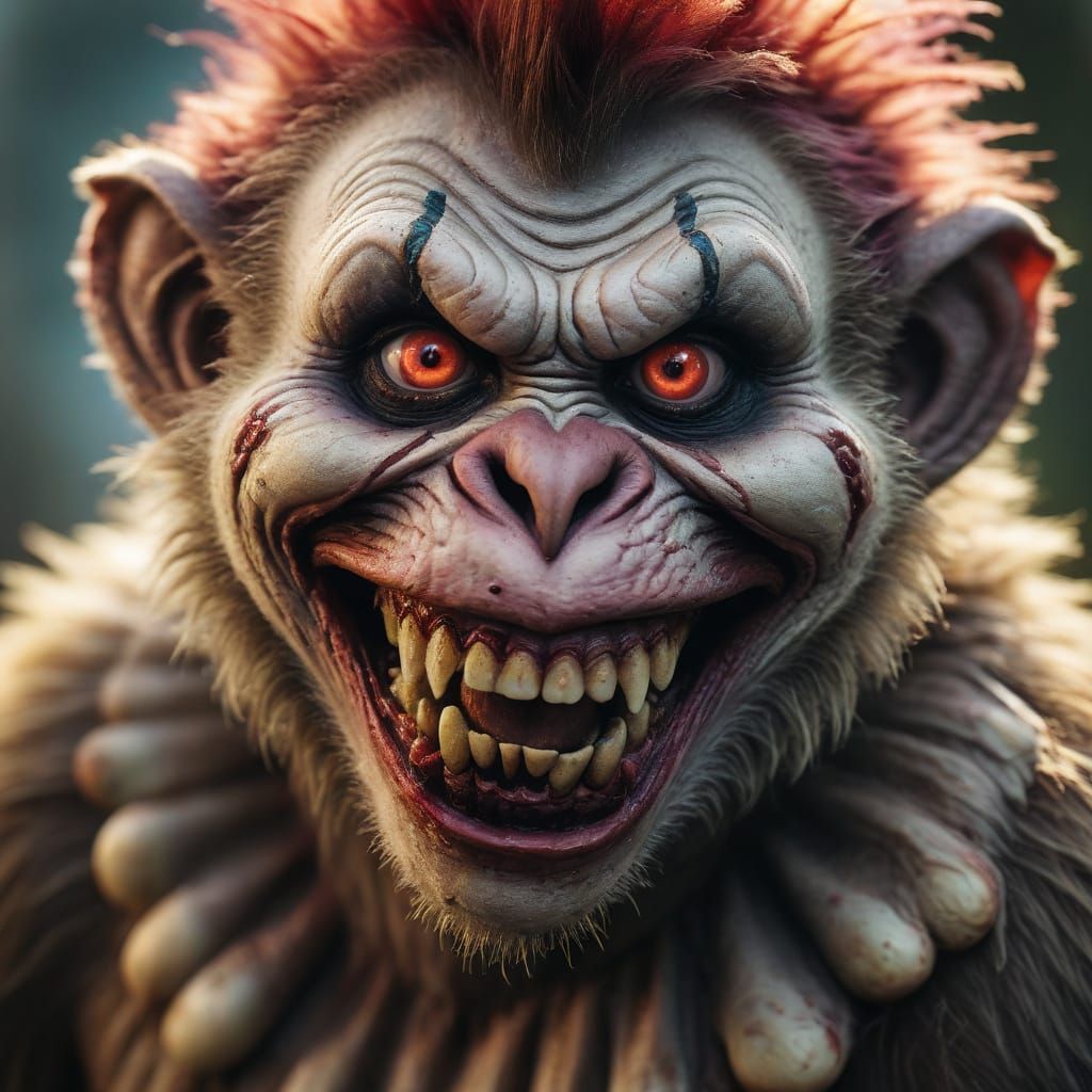 Maniacal Zombie Monkey Clown Grin in Vibrant Colors