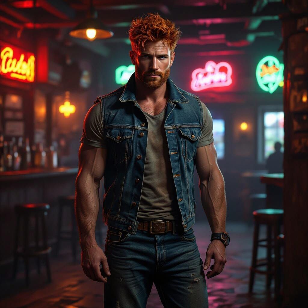 Photorealistic Portrait in Dimly Lit Rustic Bar