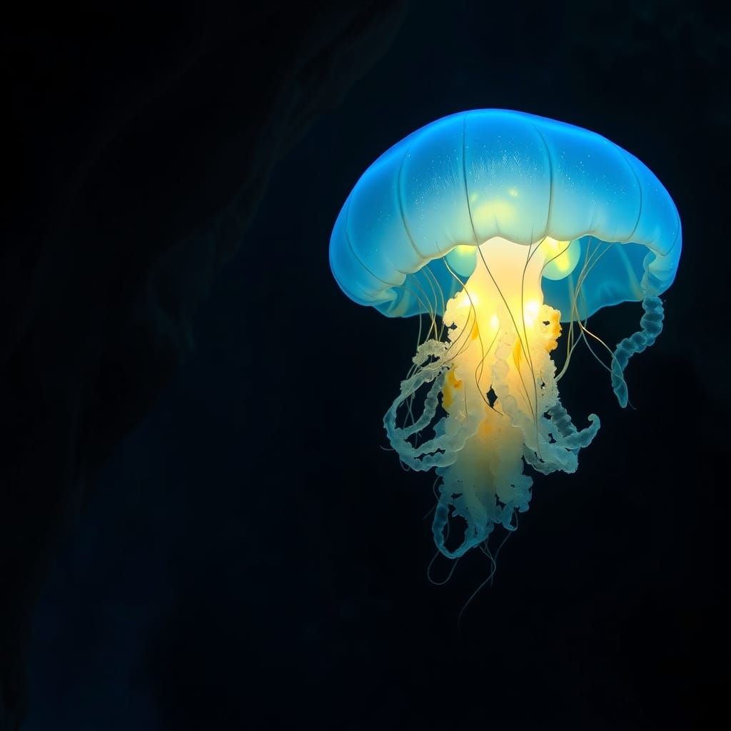 Bioluminescent Jellyfish Shimmers in Deep-Sea Cave