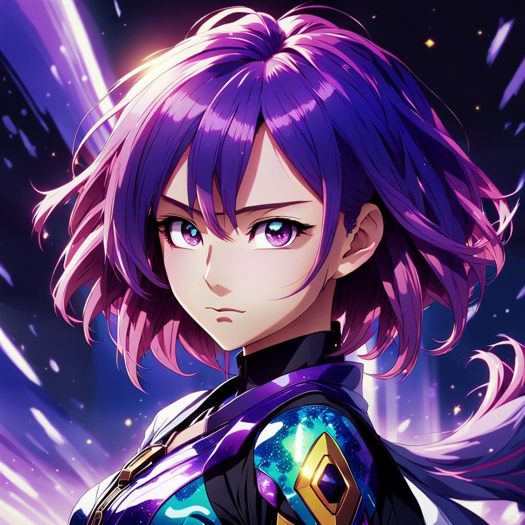 Anime Girl with Vibrant Purple Hair in Dramatic Pose