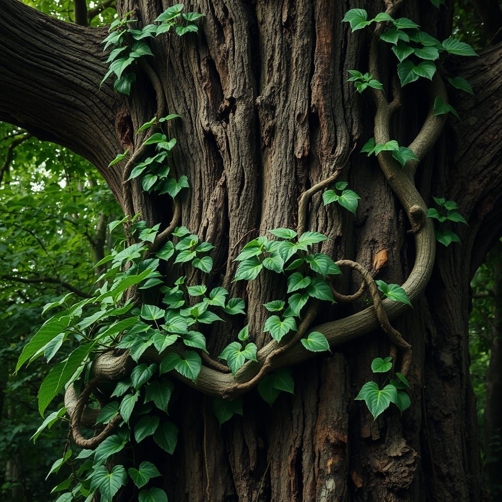 Ethereal Vine Chokes Majestic Tree in Haunting Landscape
