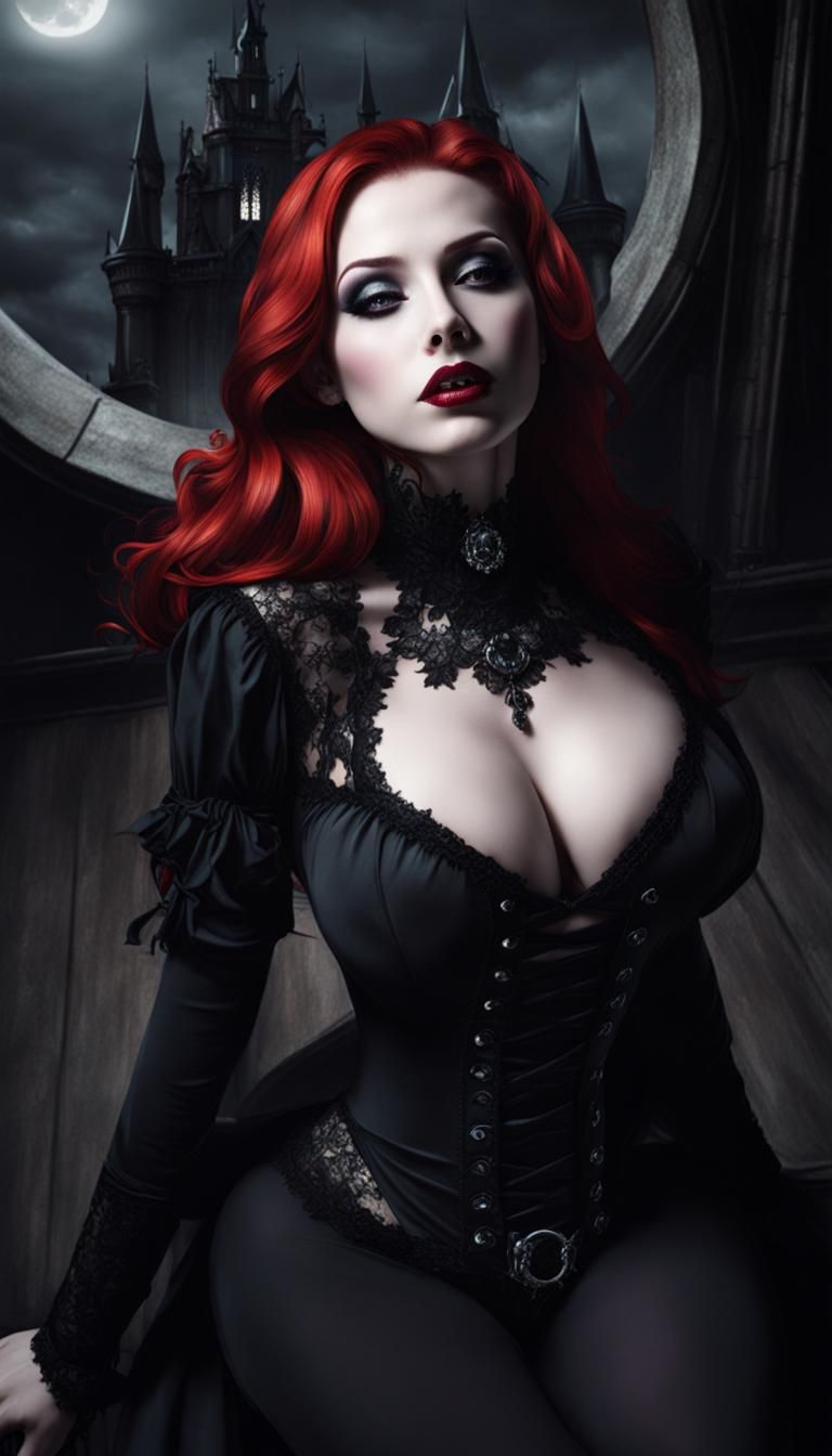 Redhead Vampire in Gothic Castle, Dark Fantasy Art