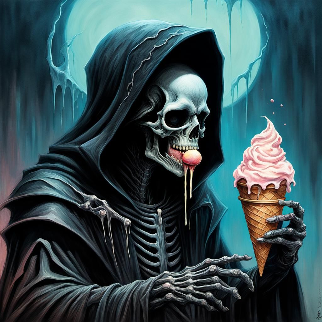 Realistic baby grim reaper sitting down and eating ice cream