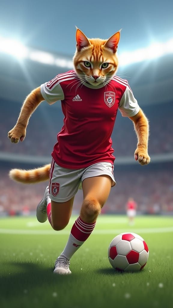 Hyperrealistic Cat Football Star on Stadium Field