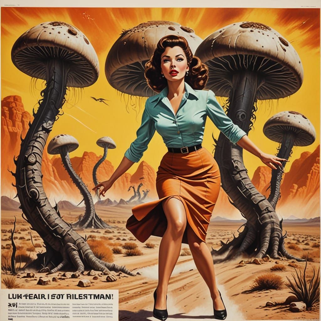 1950s Sci-Fi Poster: Pinup Girl Fleeing Giant Mantis