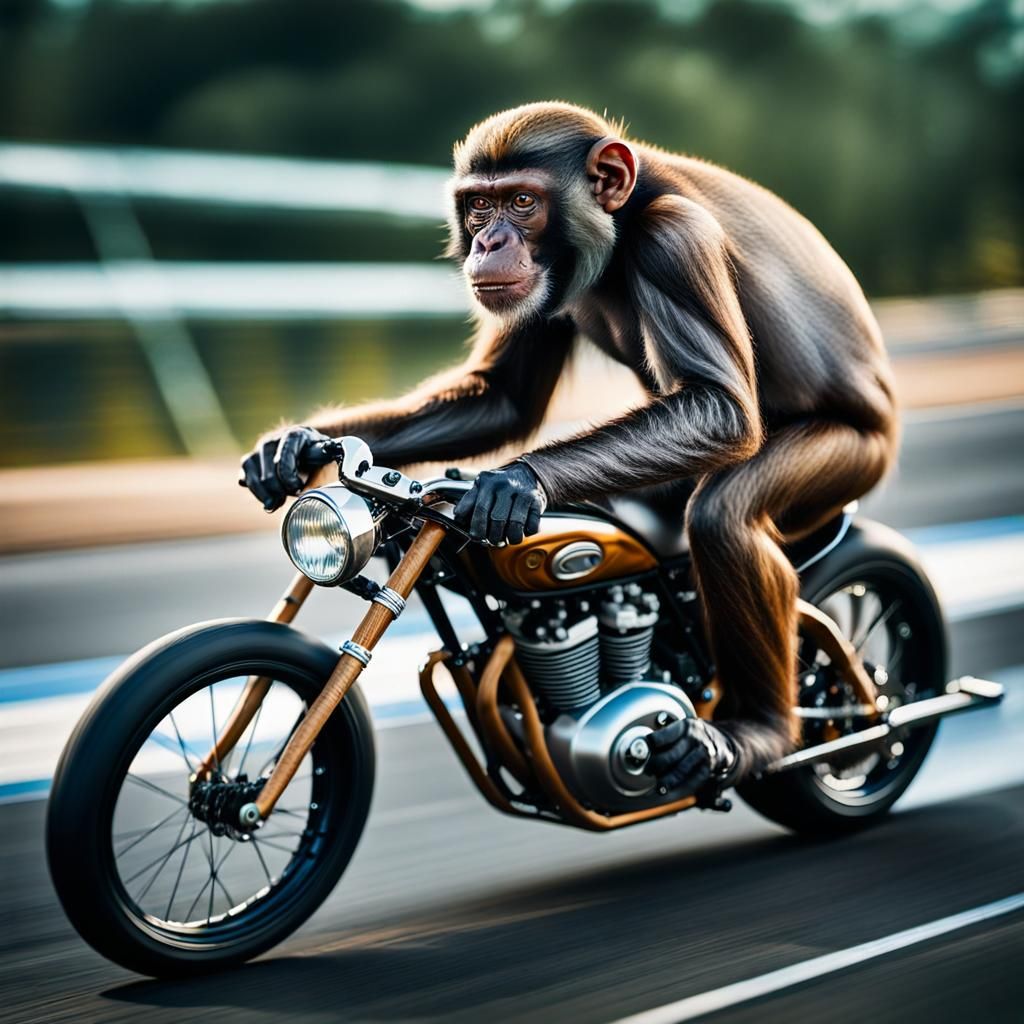 Monkey on a drag bike racing towards me intricate details, H...