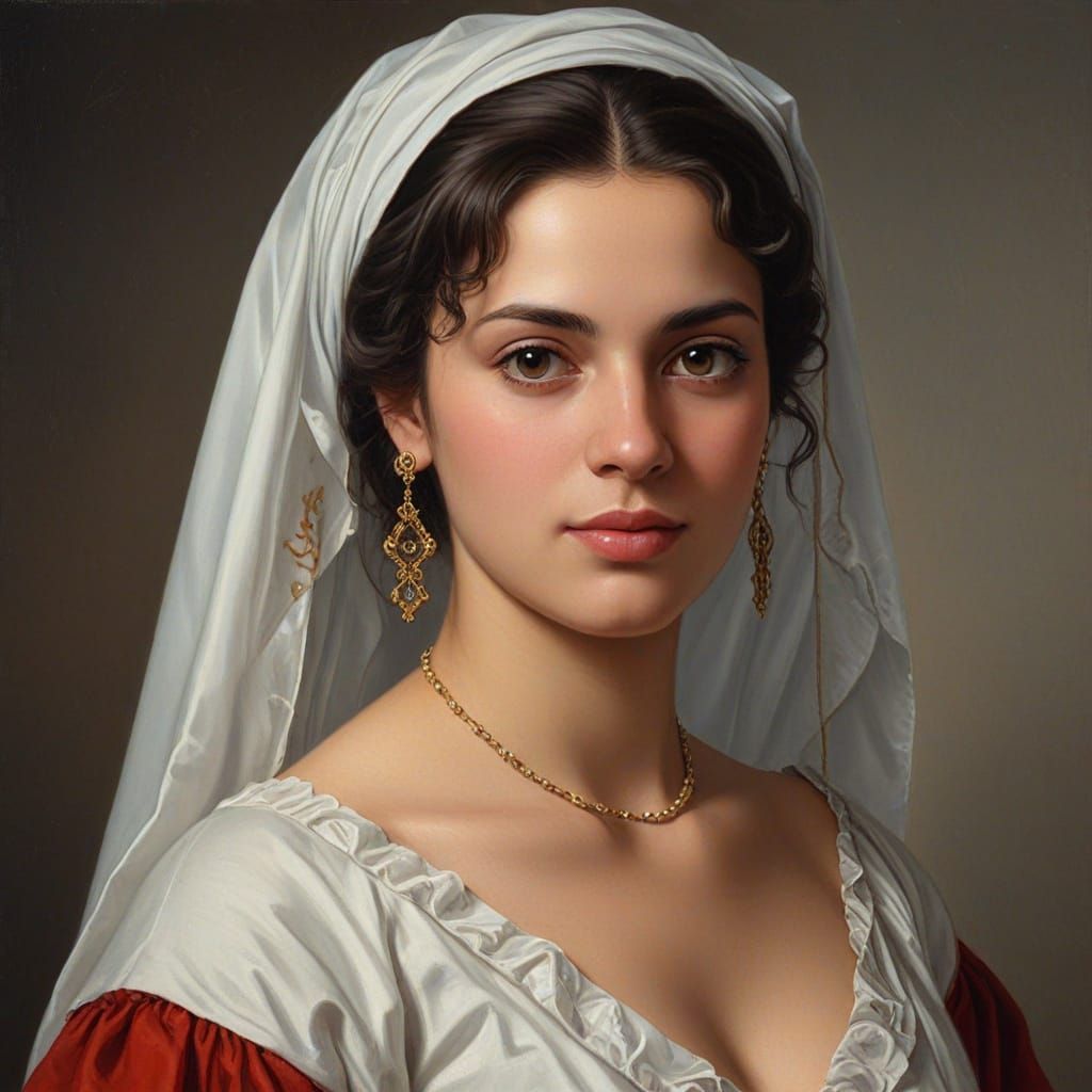 Portuguese Woman in Traditional Garb as Oil Painting