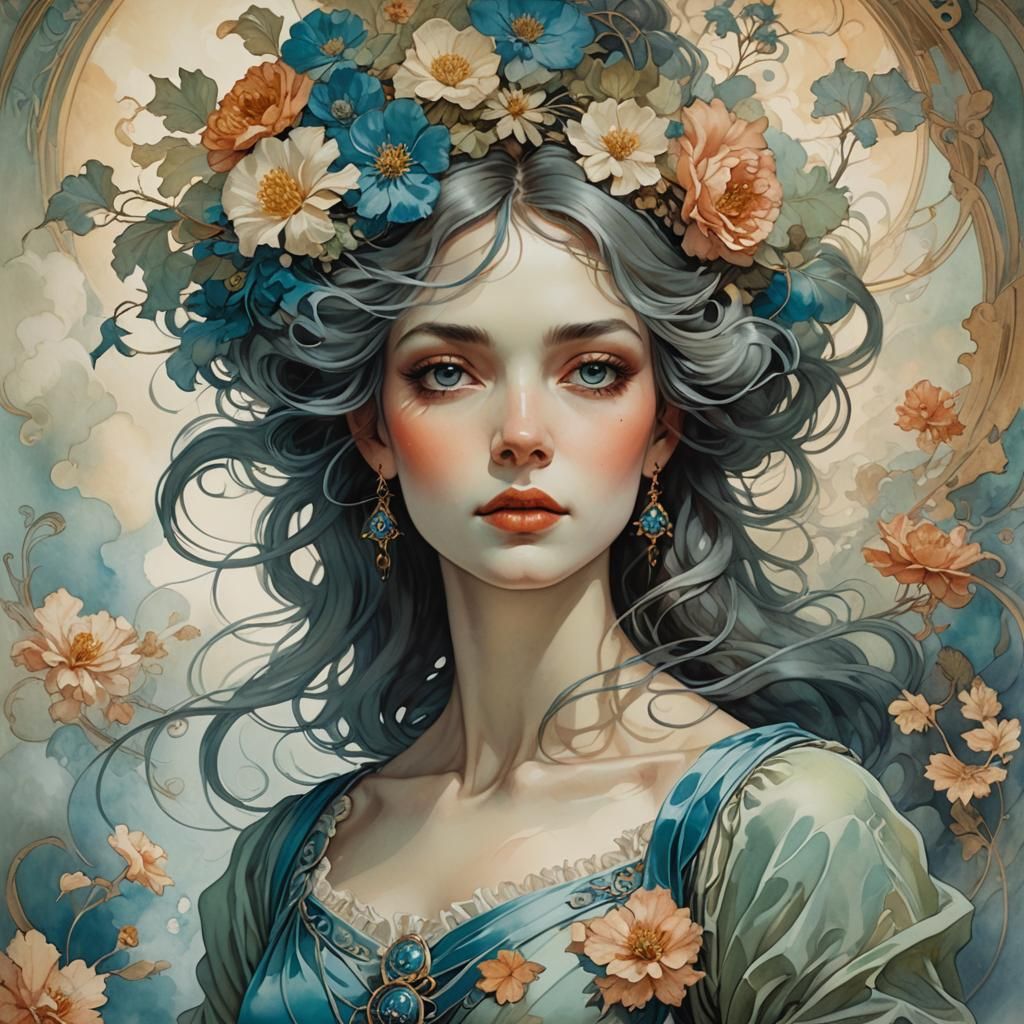 Victorian Woman in Psychedelic Floral Art