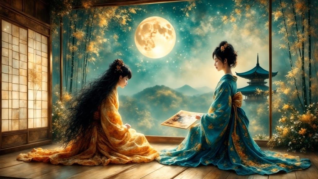 Ukiyo-e Art: Woman Paints Moonlit Temple Scene