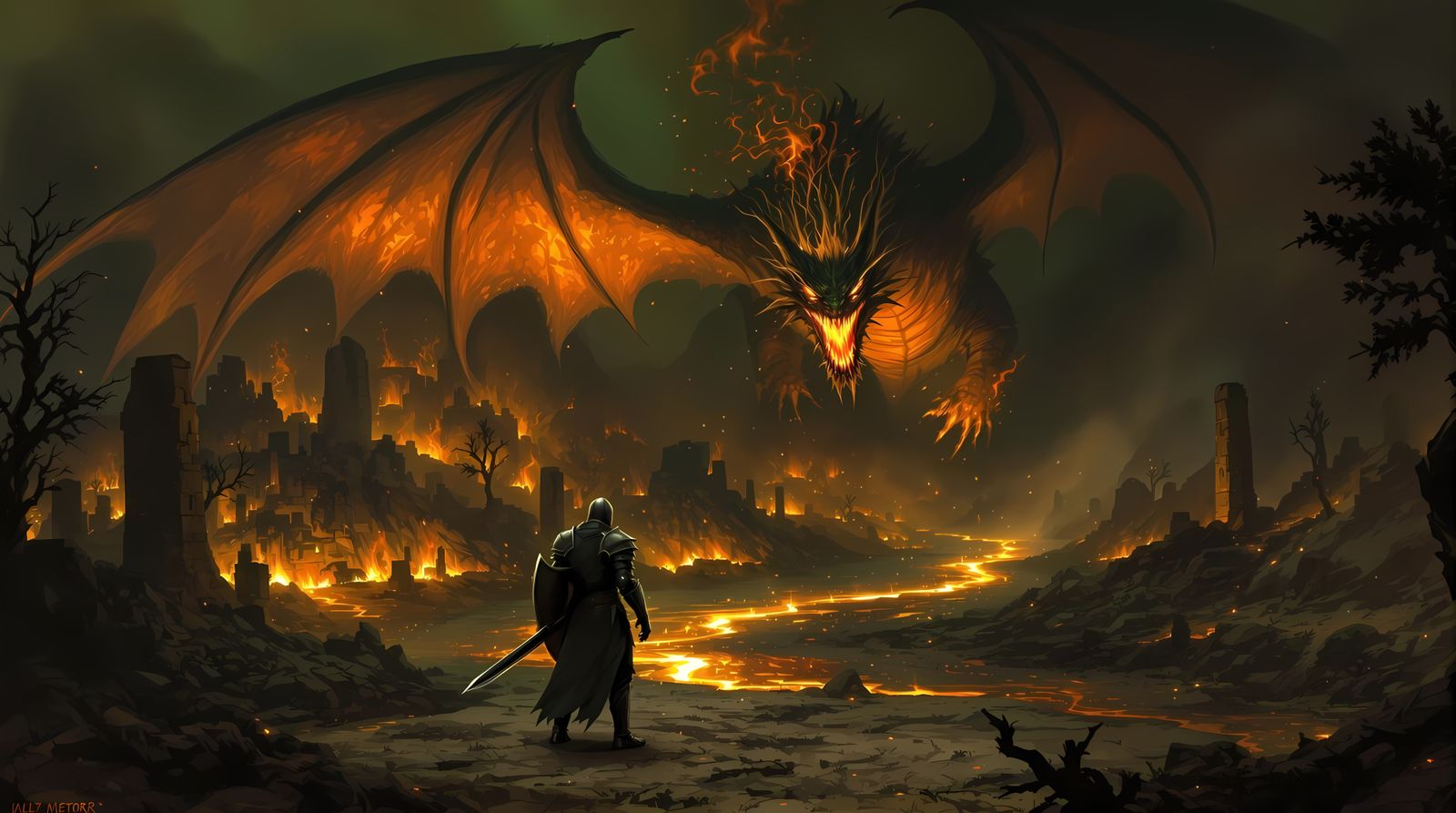 A Hero Confronts a Fiery Dragon in Dark Fantasy