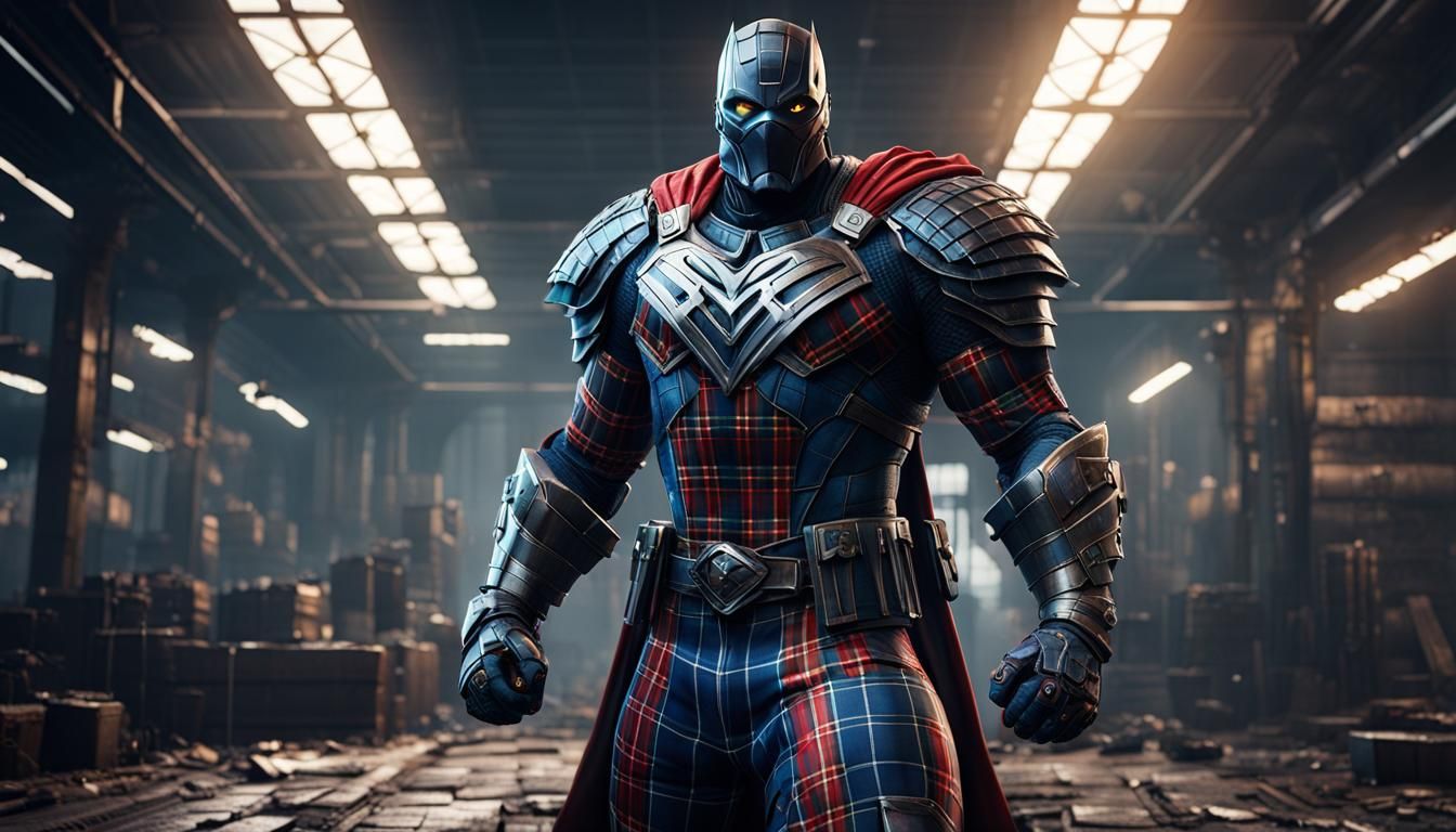 Tartan Superhero in Plaid Uniform, Detailed Matte Painting