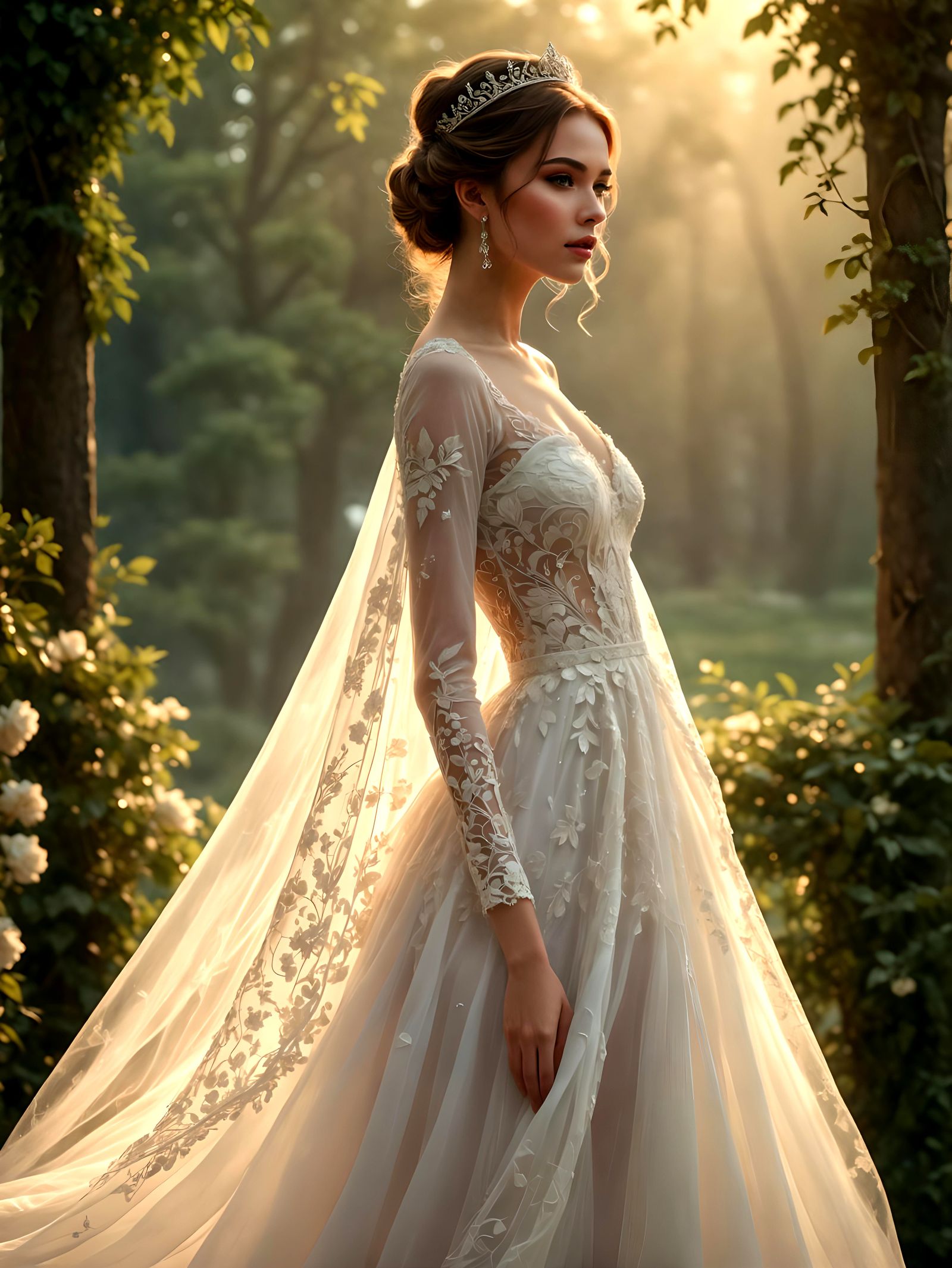 Elegant Princess in Flowing White Dress