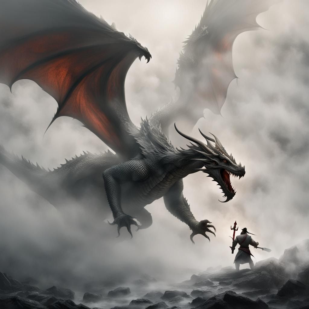 Dragon Emerges From Fog Towards Warrior