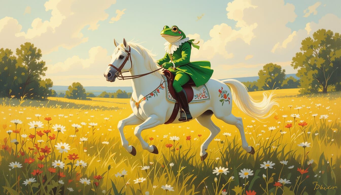 Frog Rider in Sunlit Meadow: Oil Painting Style