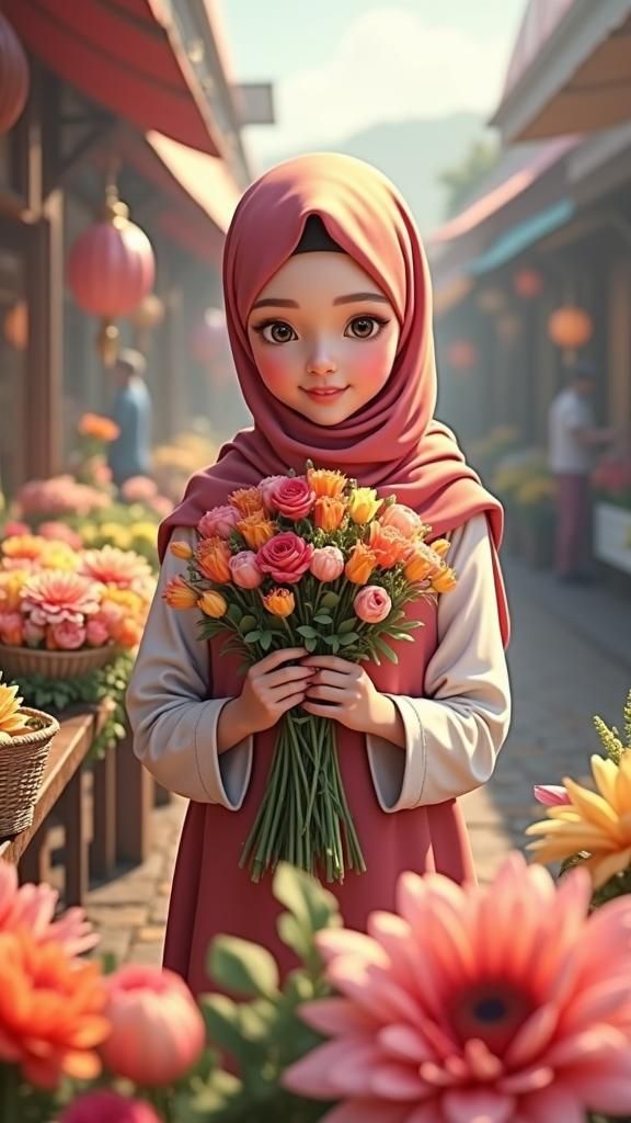 Anime Style Woman with Flowers in Hijab