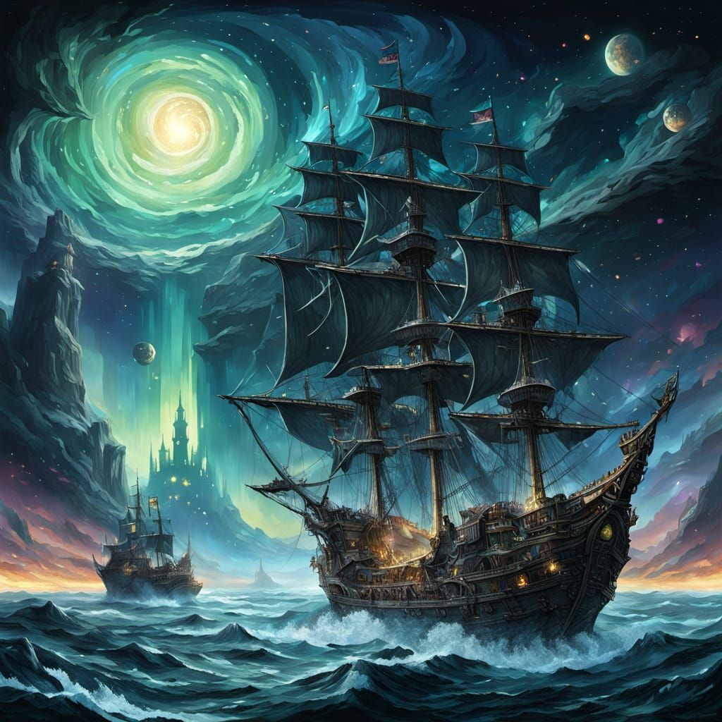 Galleon With Aurora Sails on Obsidian Sea Under Shattered Mo...
