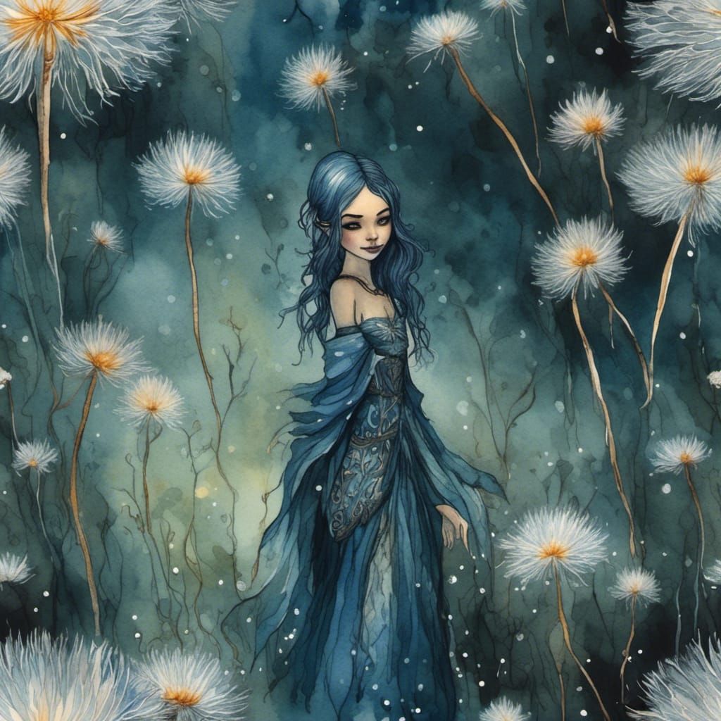 Gothic Watercolor Dandelion Fairy: Ethereal Dark Wish