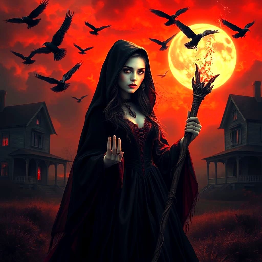 Horror Witch with Magical Powers in Dark Setting