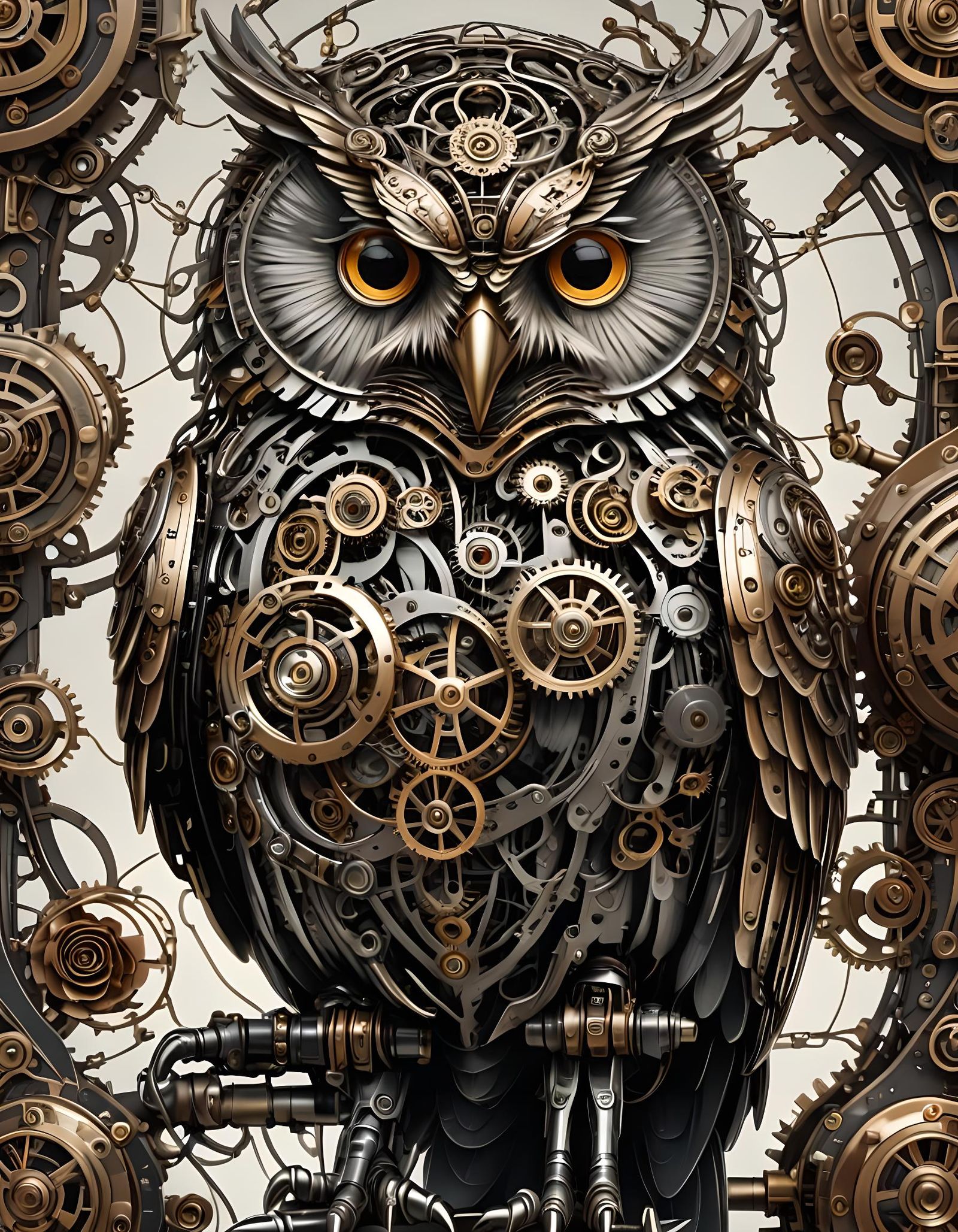 Steampunk Biomechanical Owl with Rose and Glowing Lights