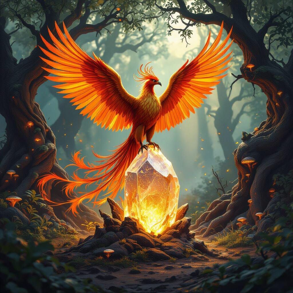 Majestic Phoenix on Crystal in Mystical Forest