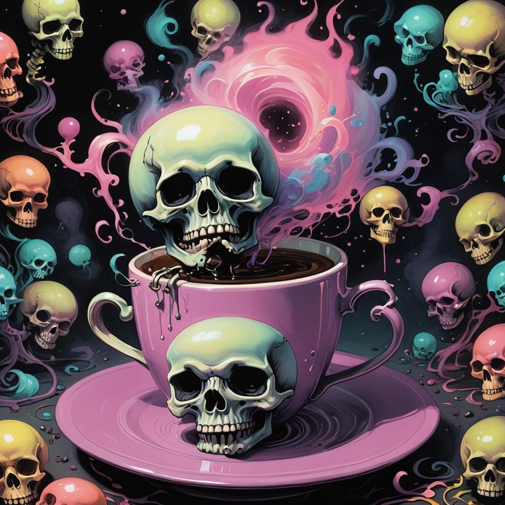 Eerie Coffee Cup in Whimsical Gothic Art Style