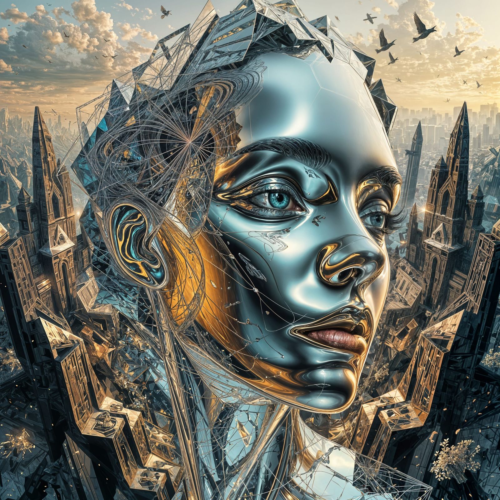 Chrome Fractal Woman: Metallic Reflections in Futuristic Sty...