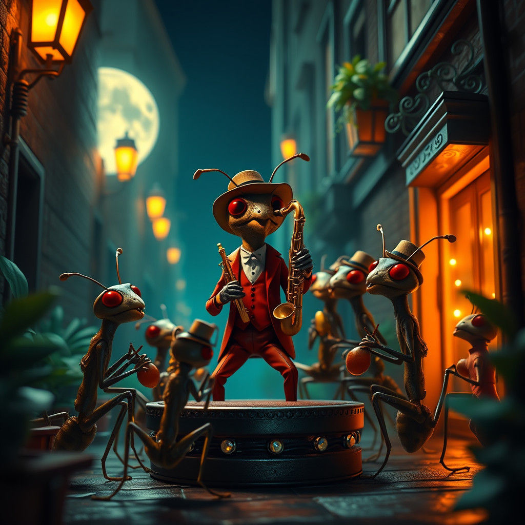 Ant Jazz Band in Moonlit Alleyway, Art Deco Style