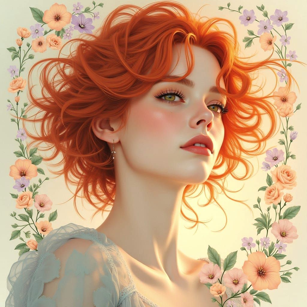 Dreamlike Portrait of a Serene Woman in Vibrant Red Hair and...
