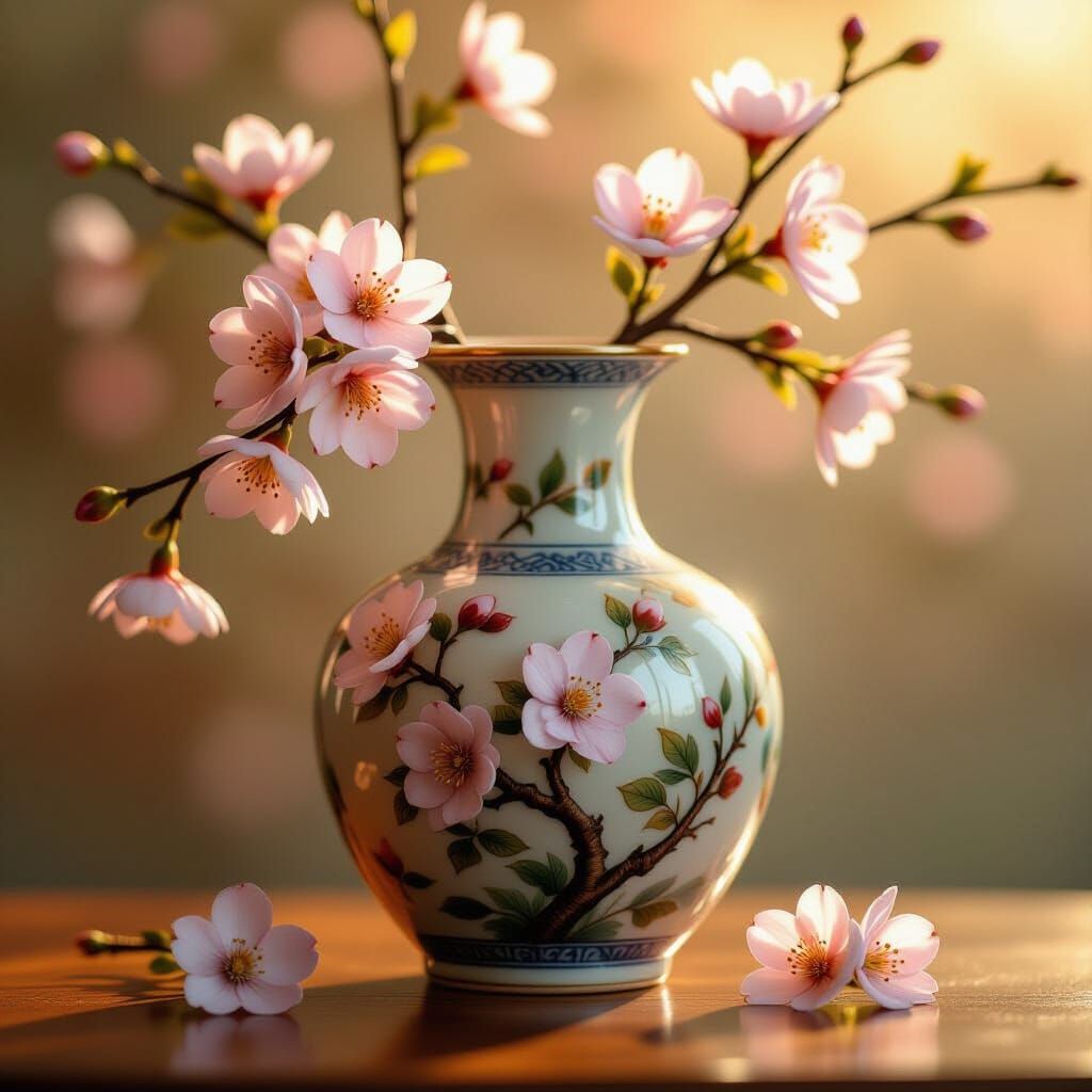 Cherry Blossoms in Chinese Vase: Hyperrealistic Still Life